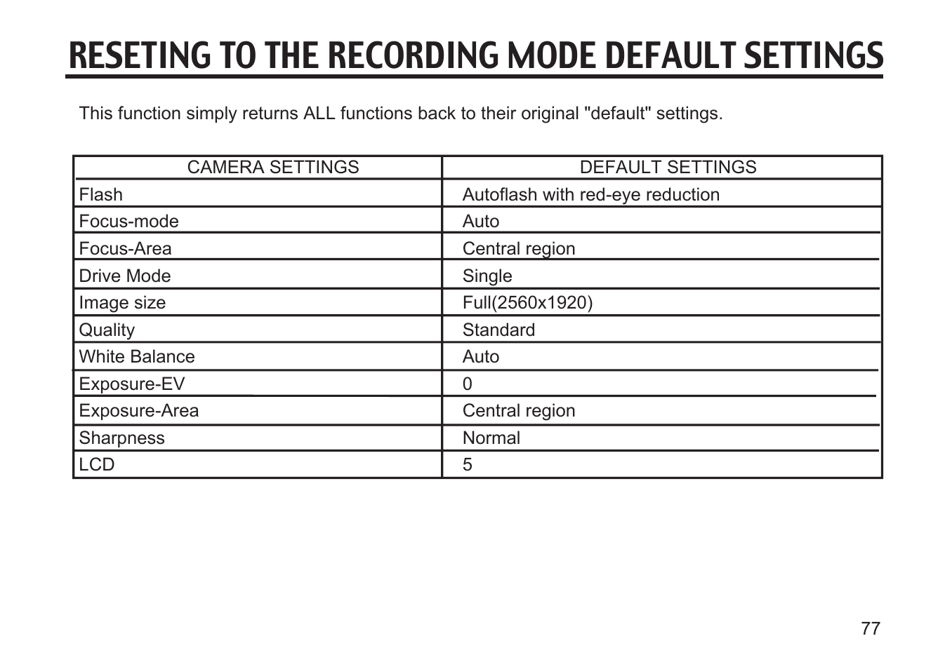 Reseting to the recording mode default settings | Argus Camera DC3810 User Manual | Page 77 / 164
