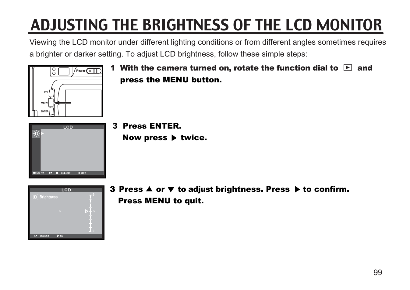 Adjusting the brightness of the lcd monitor | Argus Camera DC3810 User Manual | Page 99 / 164