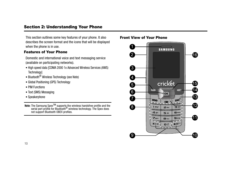 Section 2: understanding your phone, Features of your phone, Front view of your phone | Features of your phone front view of your phone | Samsung SCH-R210LSACRI User Manual | Page 10 / 102
