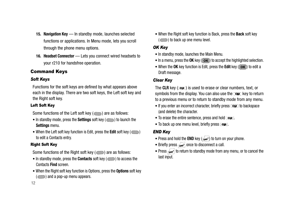 Command keys, Soft keys, Left soft key | Right soft key, Ok key, Clear key, End key | Samsung SCH-R210LSACRI User Manual | Page 12 / 102