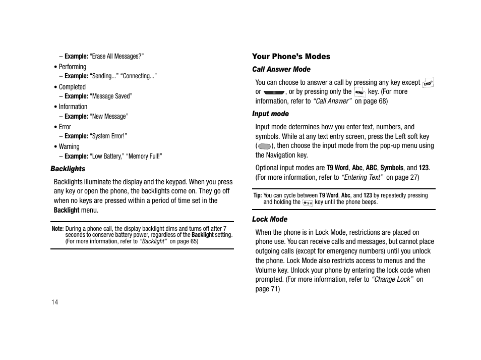 Backlights, Your phone’s modes, Call answer mode | Input mode, Lock mode | Samsung SCH-R210LSACRI User Manual | Page 14 / 102