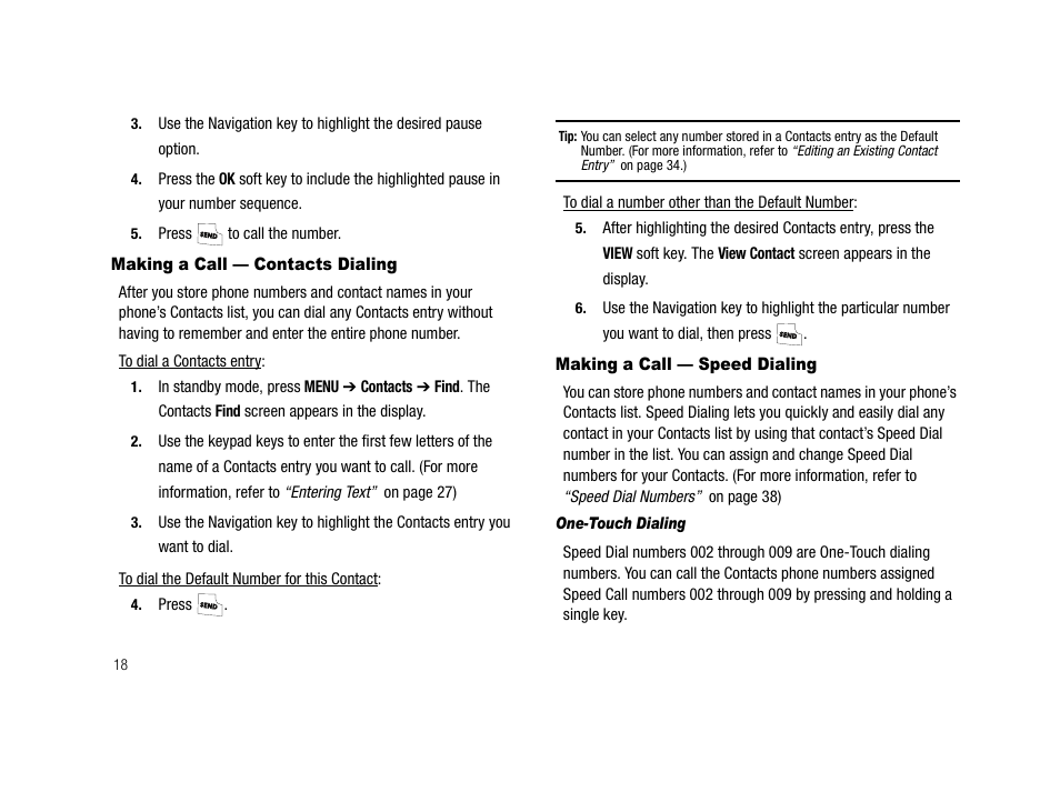 Making a call - contacts dialing, Making a call - speed dialing, One-touch dialing | Samsung SCH-R210LSACRI User Manual | Page 18 / 102