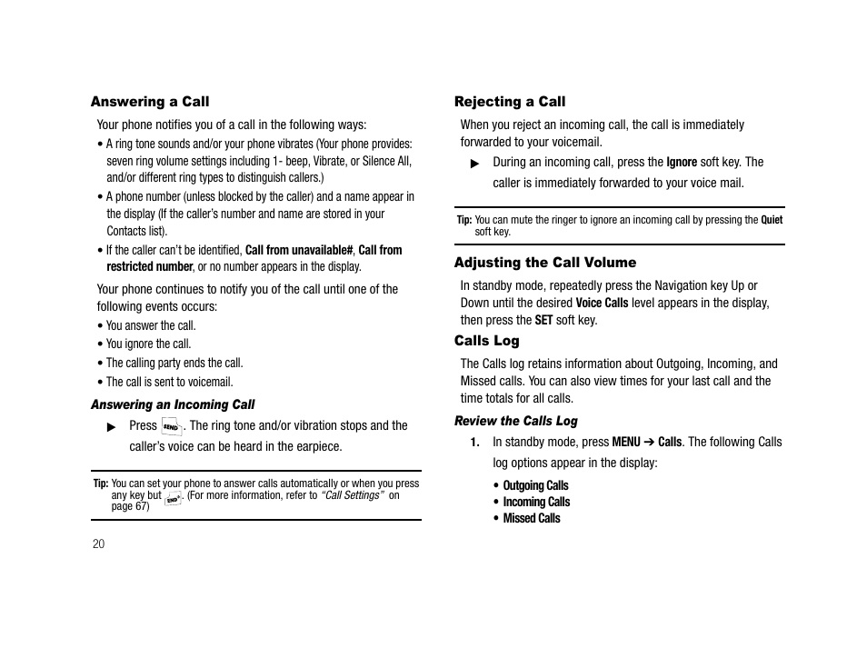 Answering a call, Answering an incoming call, Rejecting a call | Adjusting the call volume, Calls log, Review the calls log | Samsung SCH-R210LSACRI User Manual | Page 20 / 102