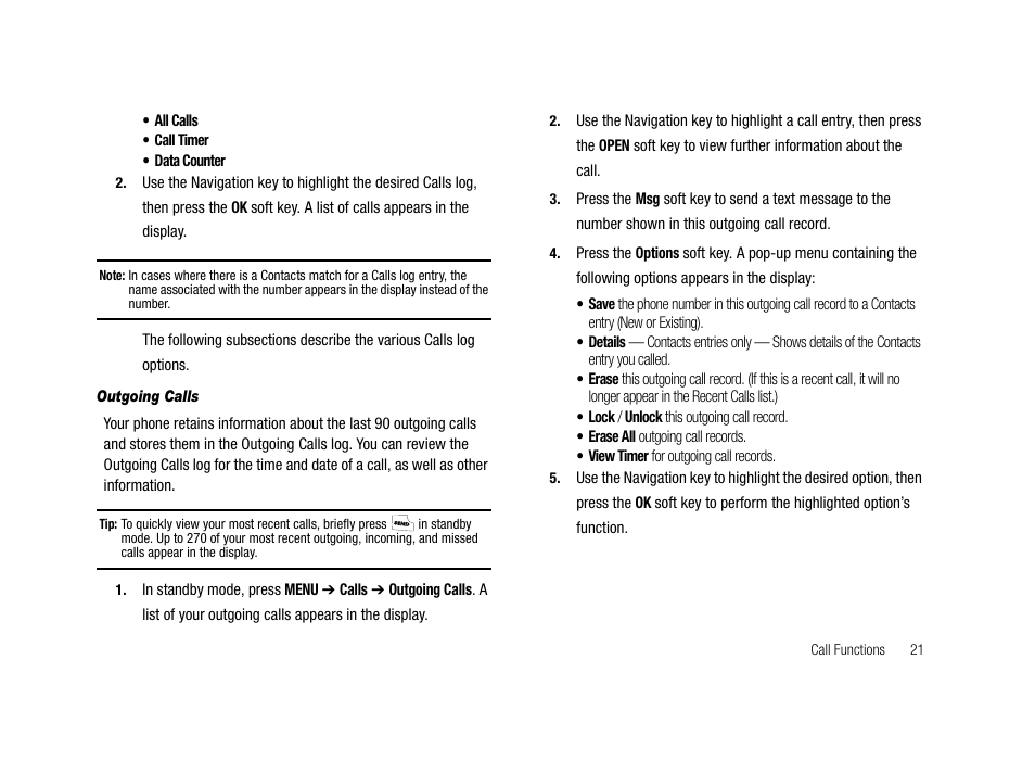 Outgoing calls | Samsung SCH-R210LSACRI User Manual | Page 21 / 102