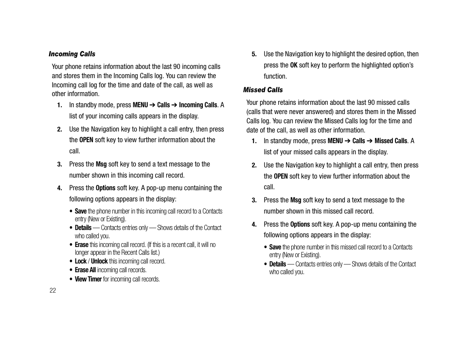 Incoming calls, Missed calls | Samsung SCH-R210LSACRI User Manual | Page 22 / 102