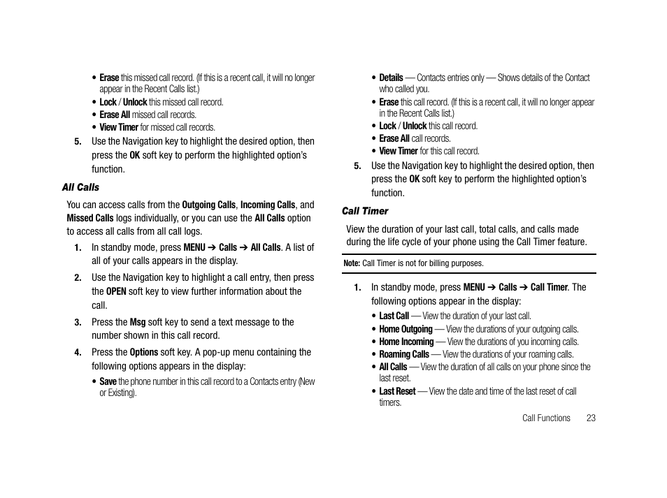 All calls, Call timer | Samsung SCH-R210LSACRI User Manual | Page 23 / 102