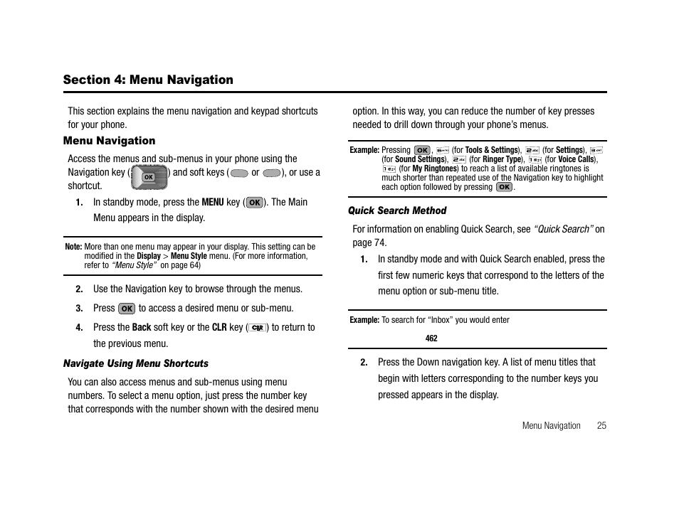 Section 4: menu navigation, Menu navigation, Navigate using menu shortcuts | Quick search method | Samsung SCH-R210LSACRI User Manual | Page 25 / 102