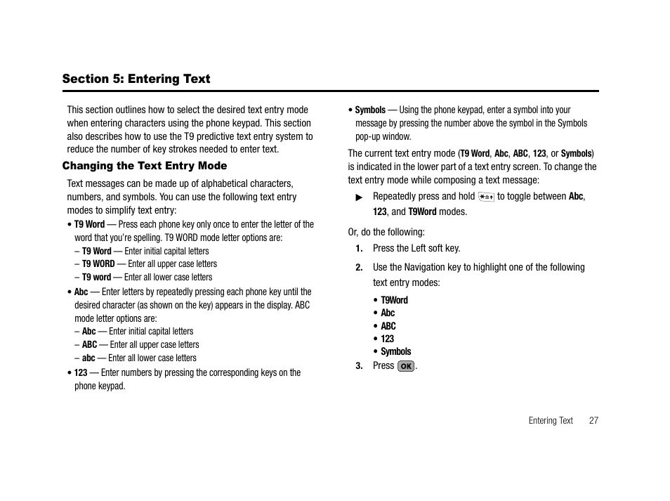 Section 5: entering text, Changing the text entry mode, Nt to call. (for more | Samsung SCH-R210LSACRI User Manual | Page 27 / 102