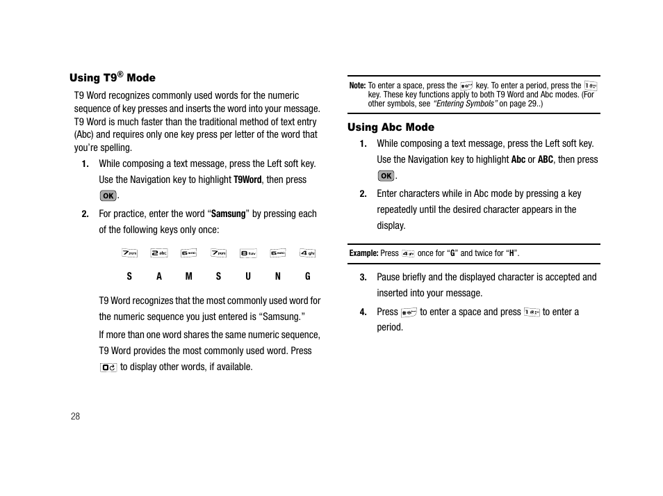 Using t9® mode, Using abc mode, Using t9 | Samsung SCH-R210LSACRI User Manual | Page 28 / 102