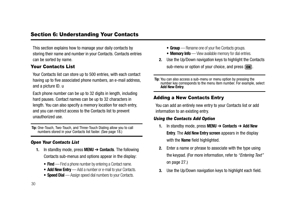 Section 6: understanding your contacts, Your contacts list, Open your contacts list | Adding a new contacts entry, Using the contacts add option, Your contacts list adding a new contacts entry | Samsung SCH-R210LSACRI User Manual | Page 30 / 102