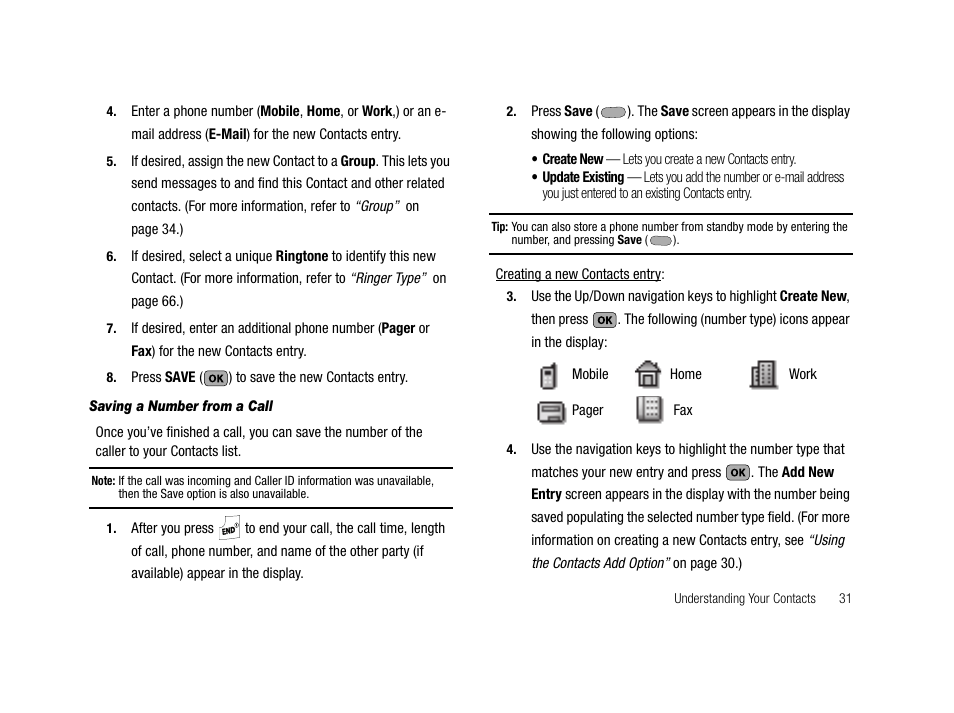 Saving a number from a call | Samsung SCH-R210LSACRI User Manual | Page 31 / 102