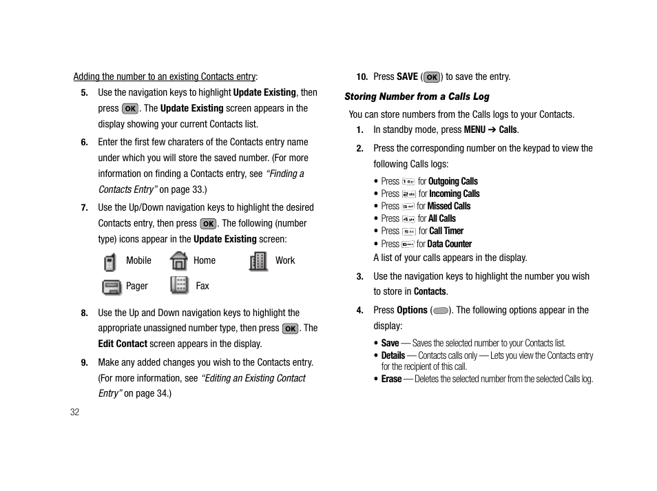 Storing number from a calls log | Samsung SCH-R210LSACRI User Manual | Page 32 / 102