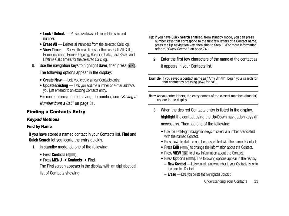 Finding a contacts entry, Keypad methods, Find by name | See “finding a | Samsung SCH-R210LSACRI User Manual | Page 33 / 102