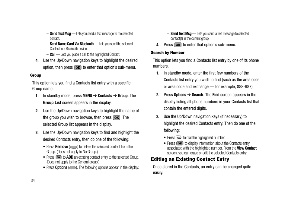 Group, Search by number, Editing an existing contact entry | Ntacts. (for more information, refer to “group” on, See “editing an existing contact | Samsung SCH-R210LSACRI User Manual | Page 34 / 102