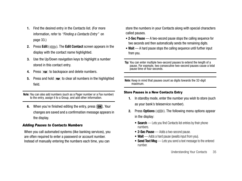 Adding pauses to contacts numbers, Store pauses in a new contacts entry | Samsung SCH-R210LSACRI User Manual | Page 35 / 102