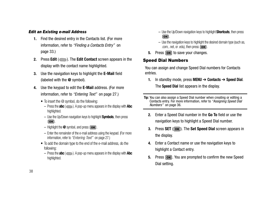Edit an existing e-mail address, Speed dial numbers | Samsung SCH-R210LSACRI User Manual | Page 38 / 102