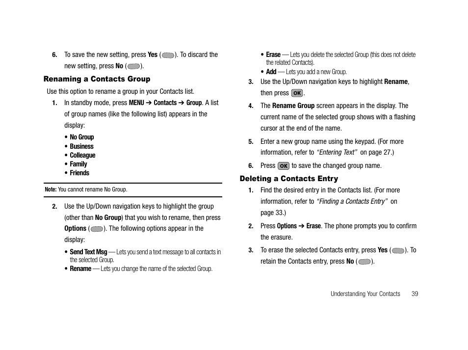 Renaming a contacts group, Deleting a contacts entry | Samsung SCH-R210LSACRI User Manual | Page 39 / 102