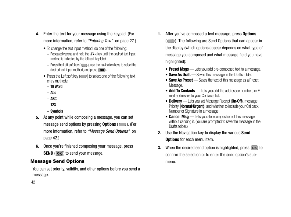 Message send options | Samsung SCH-R210LSACRI User Manual | Page 42 / 102