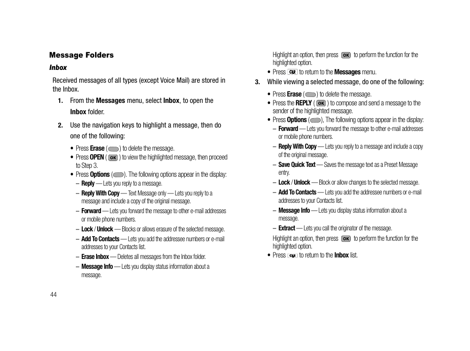 Message folders, Inbox | Samsung SCH-R210LSACRI User Manual | Page 44 / 102