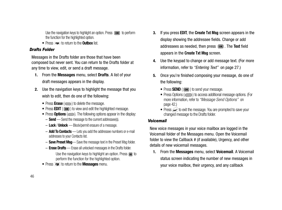 Drafts folder, Voicemail | Samsung SCH-R210LSACRI User Manual | Page 46 / 102