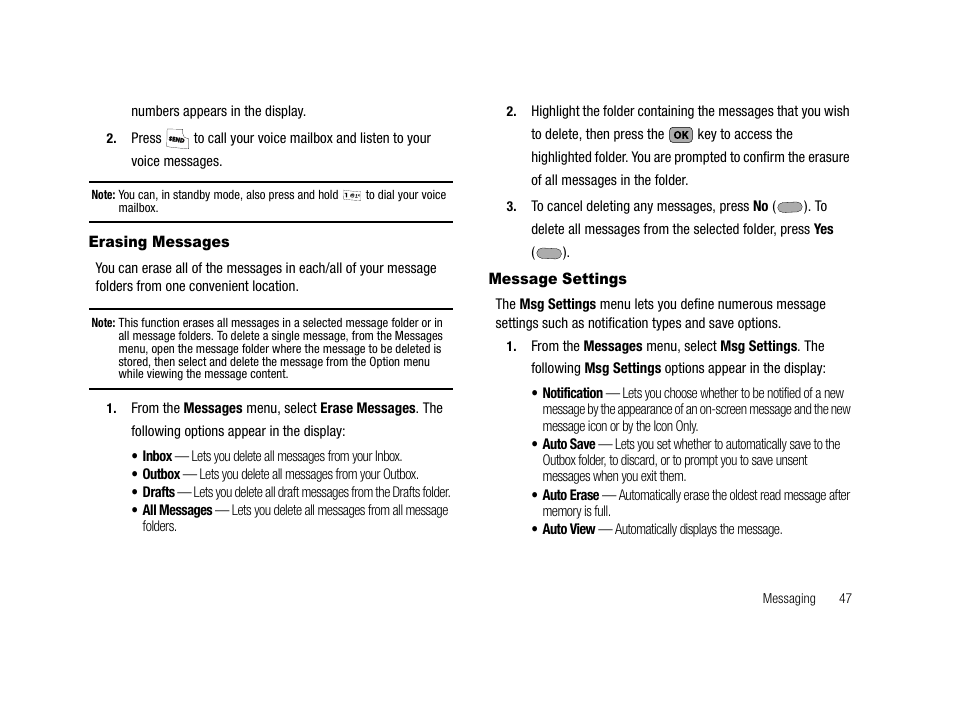 Erasing messages, Message settings, Erasing messages message settings | Samsung SCH-R210LSACRI User Manual | Page 47 / 102