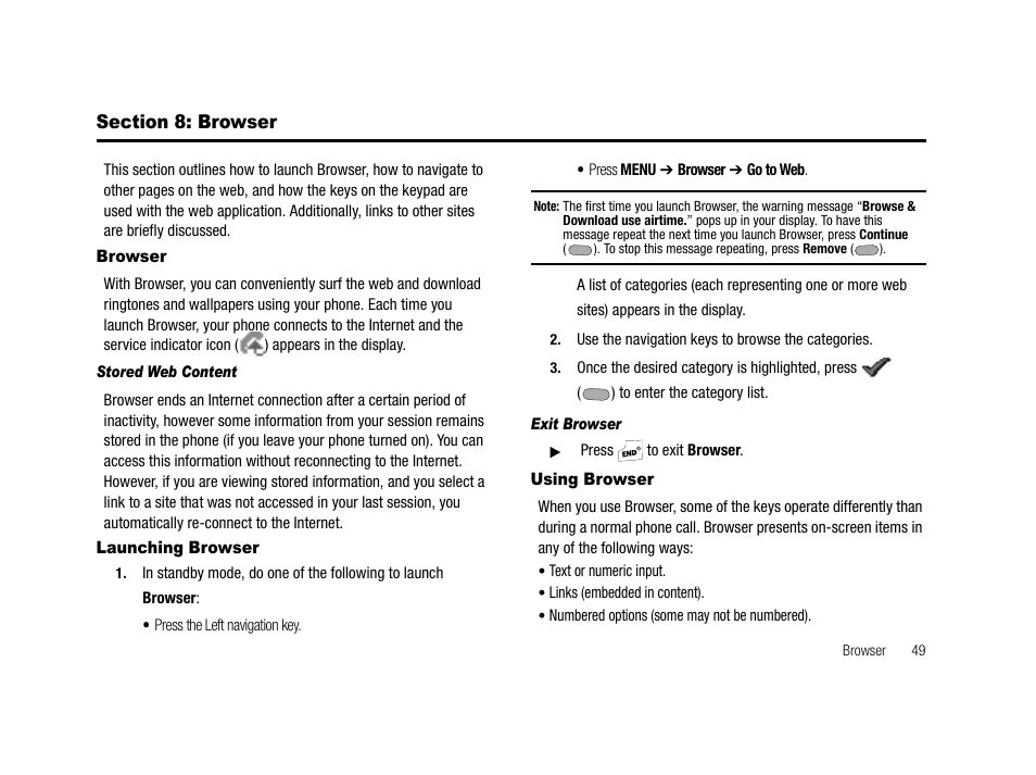 Section 8: browser, Browser, Stored web content | Launching browser, Exit browser, Using browser, Browser launching browser using browser | Samsung SCH-R210LSACRI User Manual | Page 49 / 102
