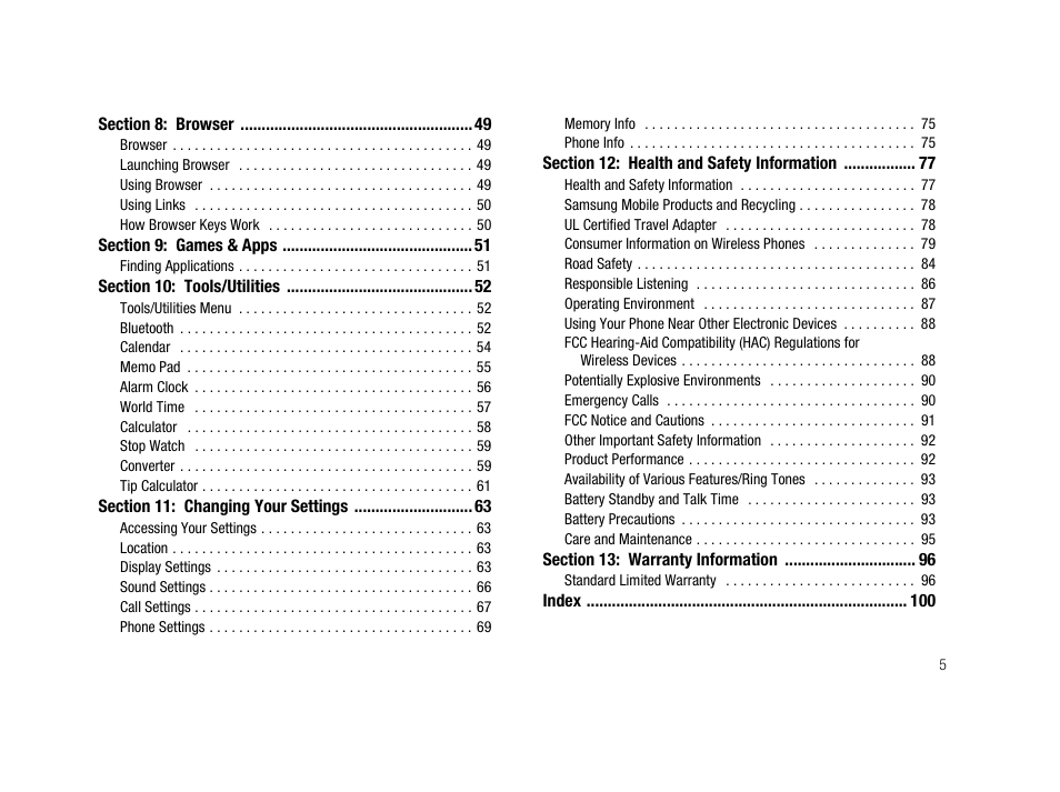 Section 8: browser 49, Section 9: games & apps 51, Section 10: tools/utilities 52 | Section 11: changing your settings 63, Section 12: health and safety information 77, Section 13: warranty information 96 | Samsung SCH-R210LSACRI User Manual | Page 5 / 102