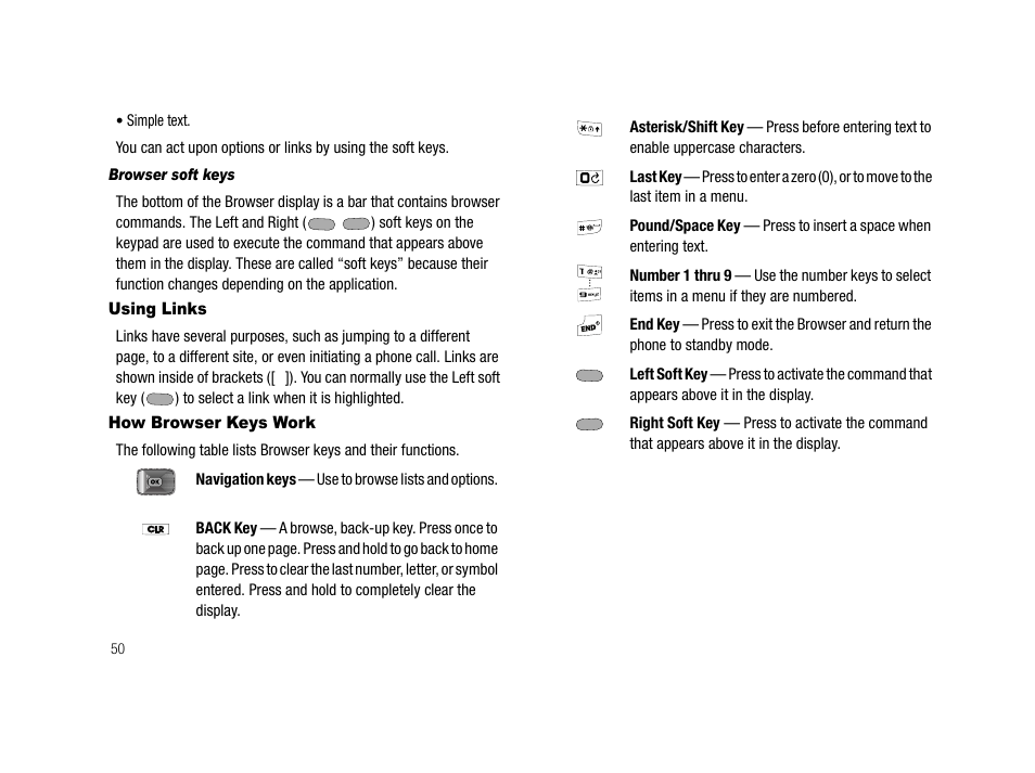 Browser soft keys, Using links, How browser keys work | Using links how browser keys work | Samsung SCH-R210LSACRI User Manual | Page 50 / 102