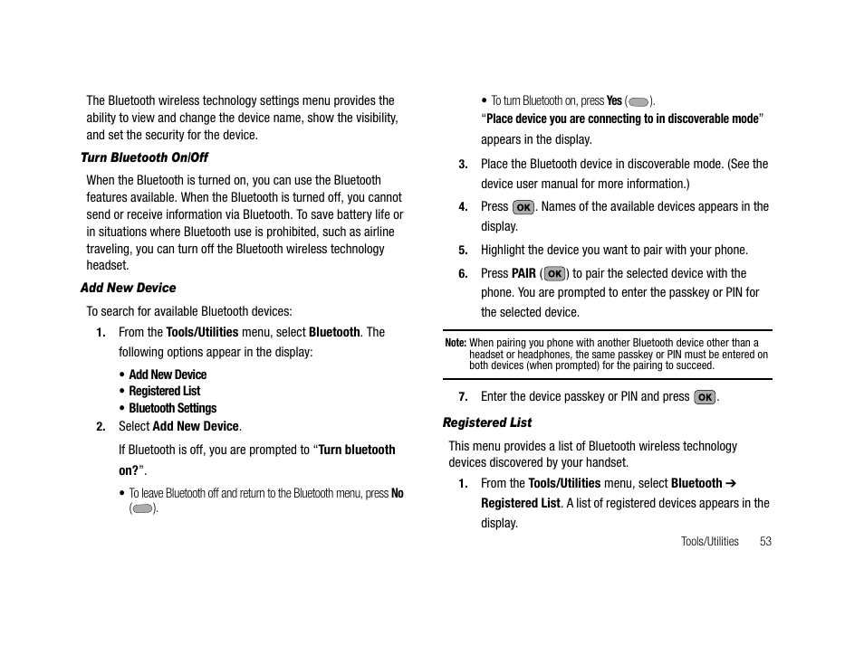 Turn bluetooth on/off, Add new device, Registered list | Samsung SCH-R210LSACRI User Manual | Page 53 / 102