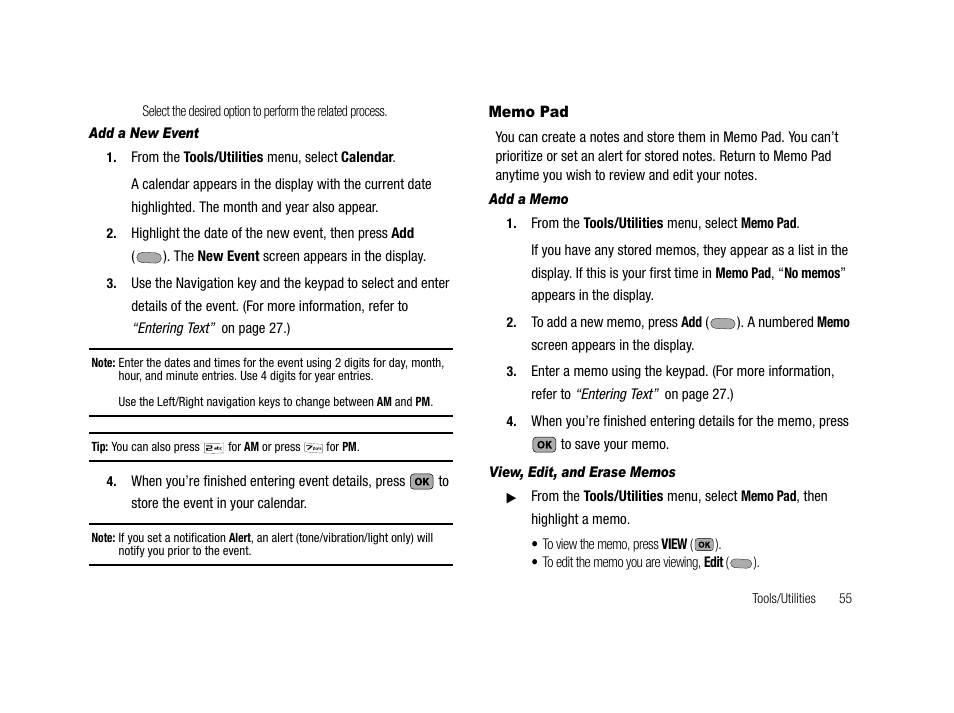 Add a new event, Memo pad, Add a memo | View, edit, and erase memos | Samsung SCH-R210LSACRI User Manual | Page 55 / 102