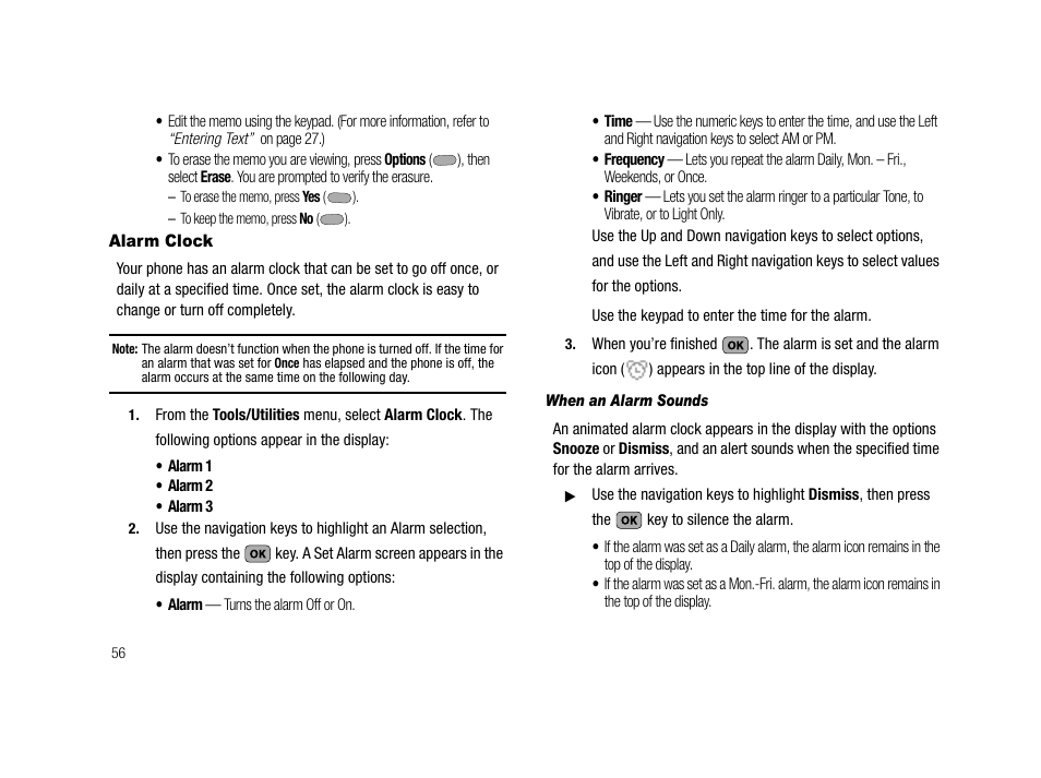 Alarm clock, When an alarm sounds | Samsung SCH-R210LSACRI User Manual | Page 56 / 102