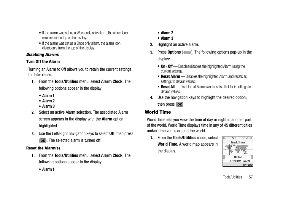 Disabling alarms, Turn off the alarm, Reset the alarm(s) | World time | Samsung SCH-R210LSACRI User Manual | Page 57 / 102