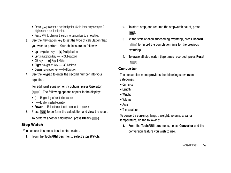 Stop watch, Converter, Stop watch converter | Samsung SCH-R210LSACRI User Manual | Page 59 / 102