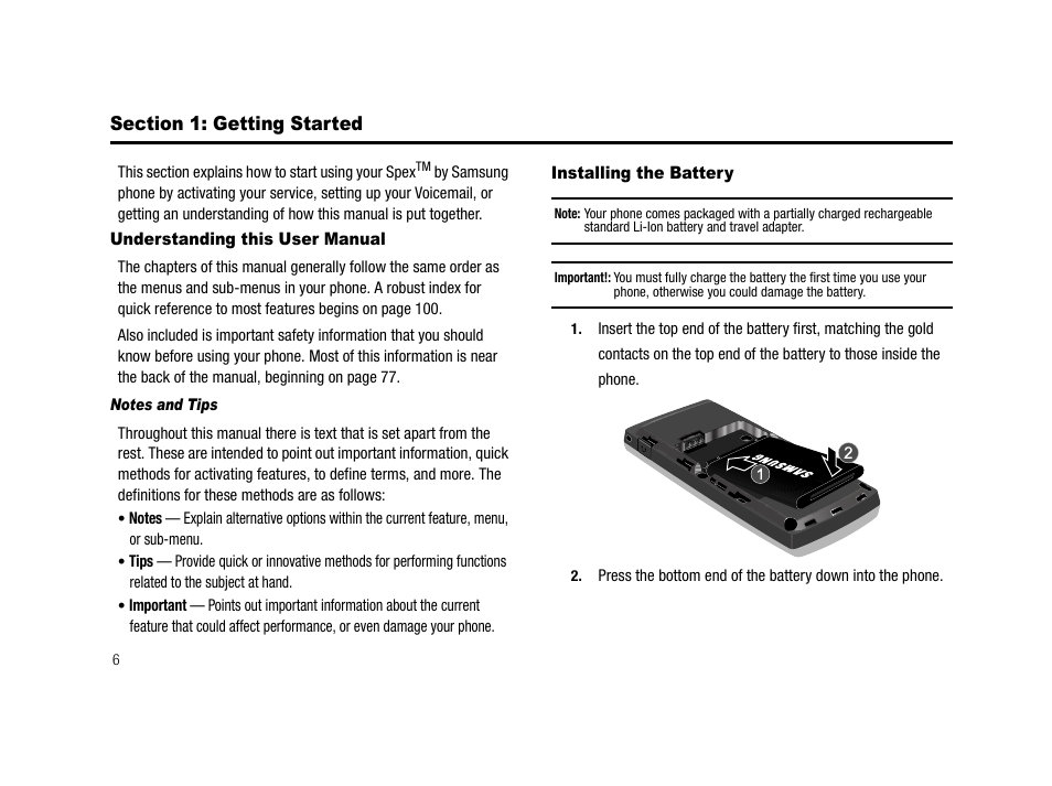 Section 1: getting started, Understanding this user manual, Notes and tips | Installing the battery | Samsung SCH-R210LSACRI User Manual | Page 6 / 102
