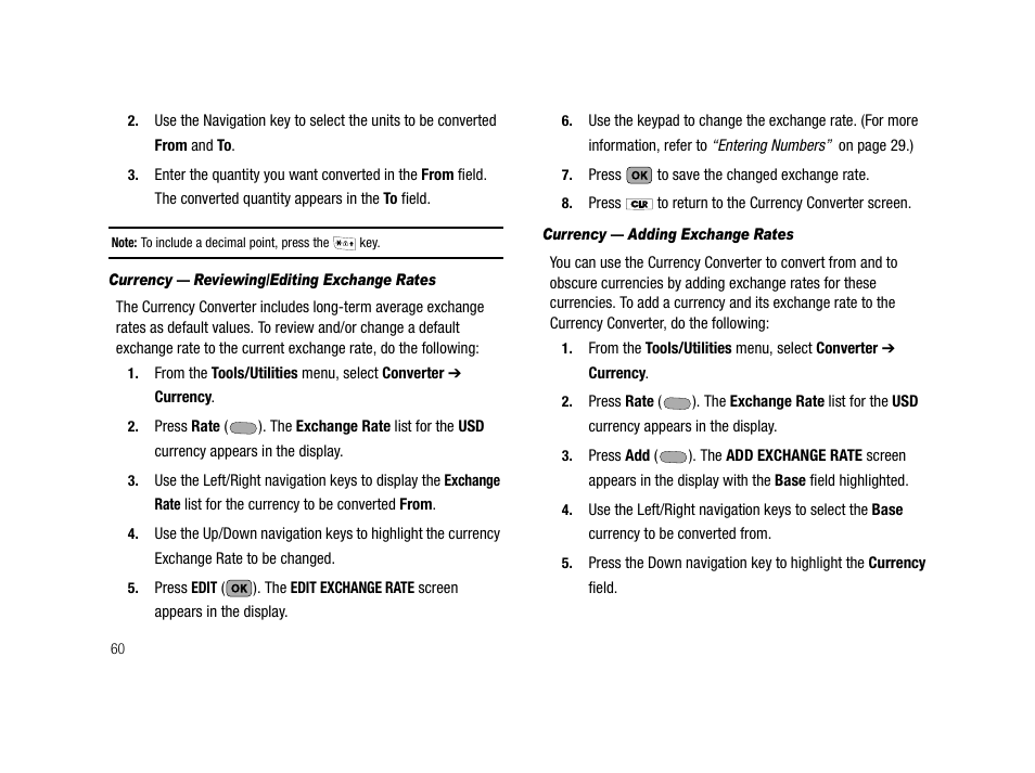 Currency - reviewing/editing exchange rates, Currency - adding exchange rates | Samsung SCH-R210LSACRI User Manual | Page 60 / 102