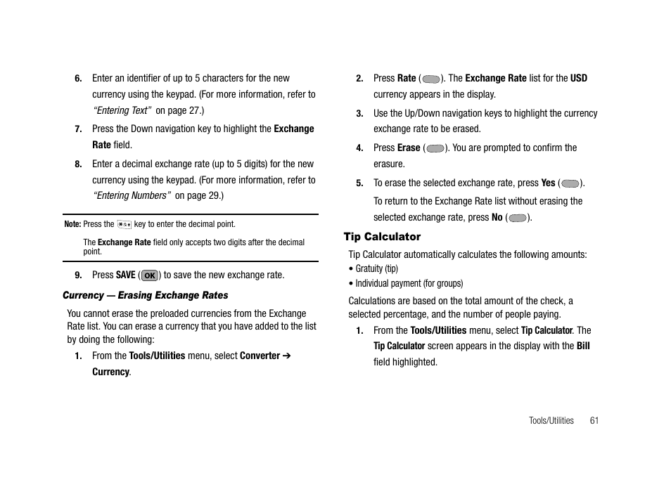 Currency - erasing exchange rates, Tip calculator | Samsung SCH-R210LSACRI User Manual | Page 61 / 102