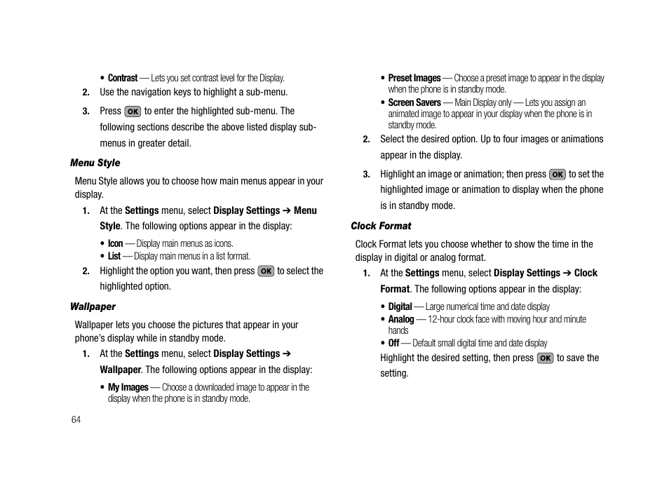 Menu style, Wallpaper, Clock format | Samsung SCH-R210LSACRI User Manual | Page 64 / 102