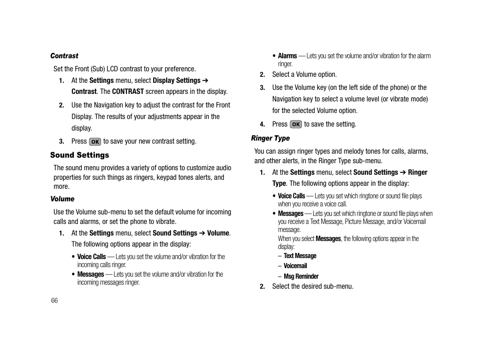 Contrast, Sound settings, Volume | Ringer type | Samsung SCH-R210LSACRI User Manual | Page 66 / 102