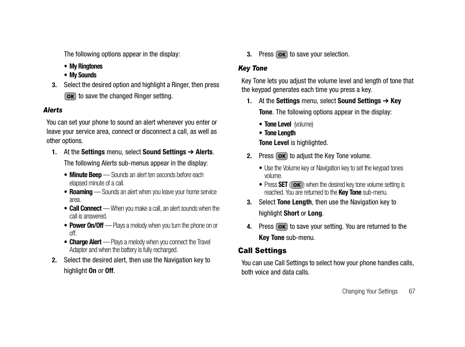 Alerts, Key tone, Call settings | Samsung SCH-R210LSACRI User Manual | Page 67 / 102