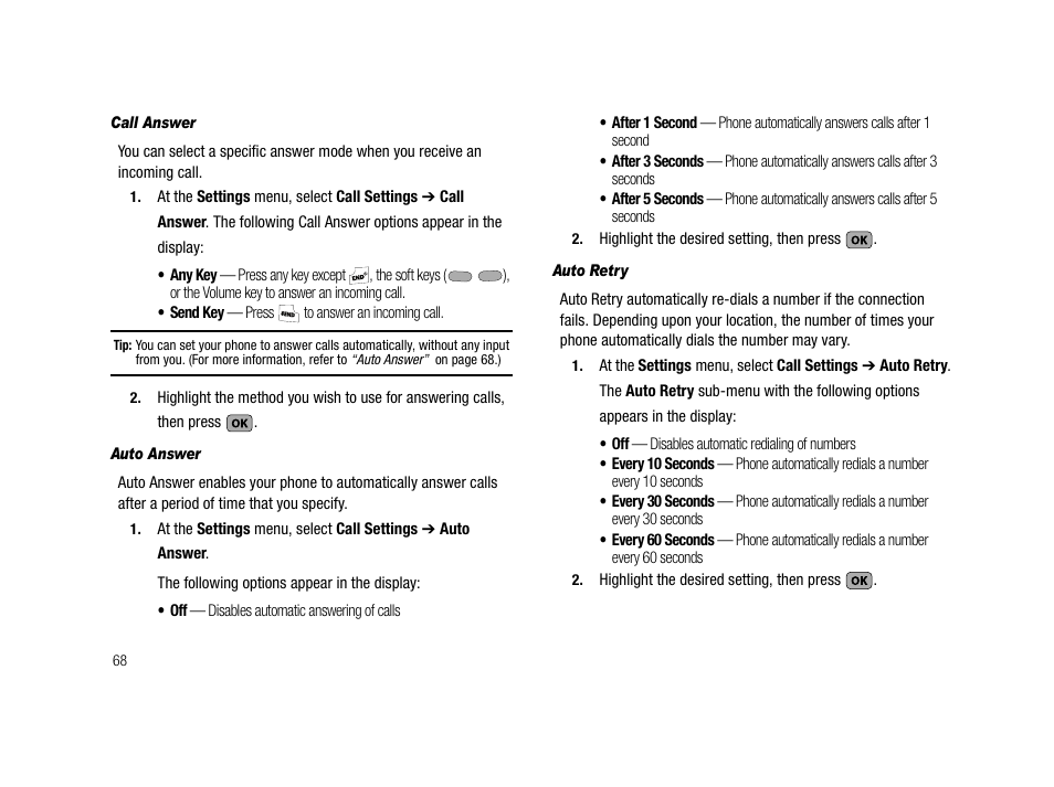 Call answer, Auto answer, Auto retry | By pressing any key except, For more | Samsung SCH-R210LSACRI User Manual | Page 68 / 102