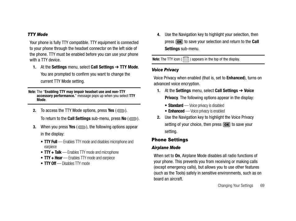 Tty mode, Voice privacy, Phone settings | Airplane mode | Samsung SCH-R210LSACRI User Manual | Page 69 / 102