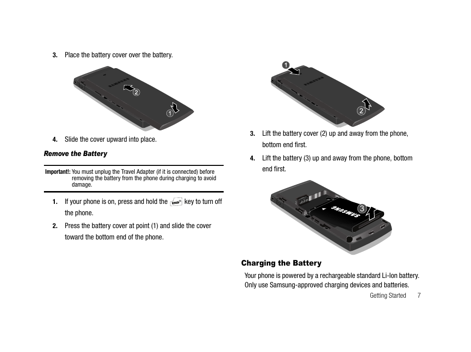 Remove the battery, Charging the battery | Samsung SCH-R210LSACRI User Manual | Page 7 / 102