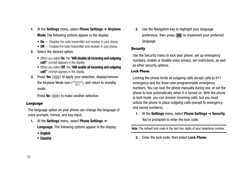 Language, Security, Lock phone | Samsung SCH-R210LSACRI User Manual | Page 70 / 102