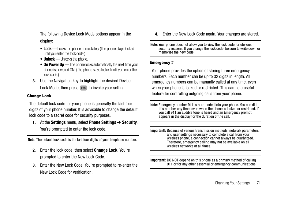 Change lock, Emergency | Samsung SCH-R210LSACRI User Manual | Page 71 / 102