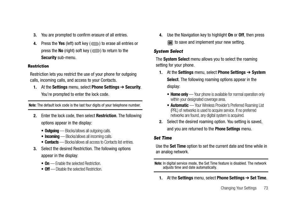 Restriction, System select, Set time | Samsung SCH-R210LSACRI User Manual | Page 73 / 102