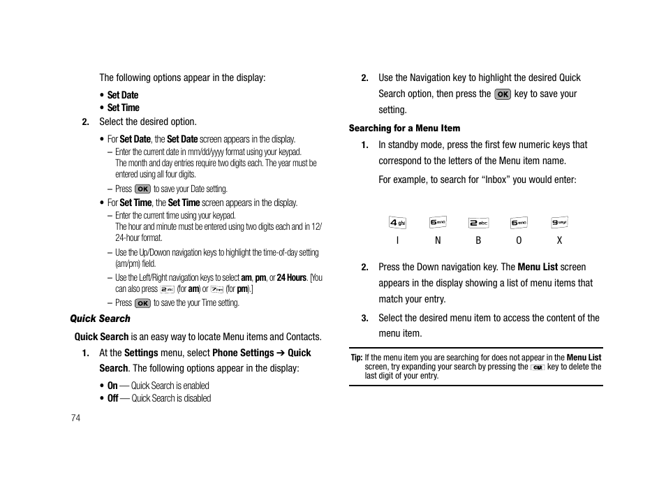 Quick search, Searching for a menu item | Samsung SCH-R210LSACRI User Manual | Page 74 / 102