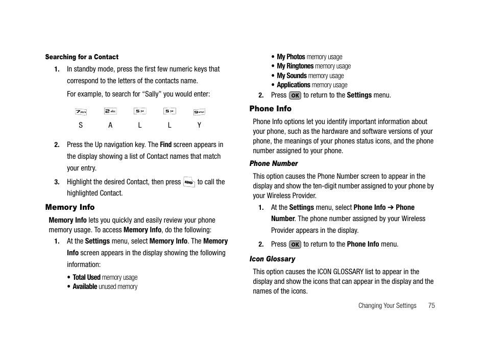 Searching for a contact, Memory info, Phone info | Phone number, Icon glossary, Memory info phone info | Samsung SCH-R210LSACRI User Manual | Page 75 / 102