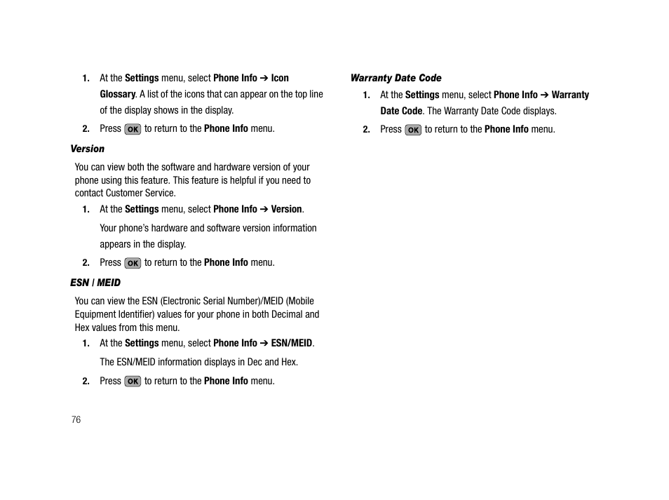 Version, Esn / meid, Warranty date code | Samsung SCH-R210LSACRI User Manual | Page 76 / 102