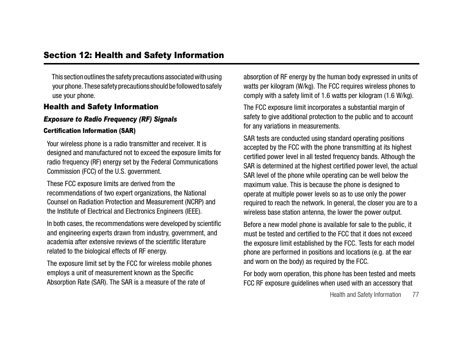 Section 12: health and safety information, Health and safety information, Exposure to radio frequency (rf) signals | Certification information (sar) | Samsung SCH-R210LSACRI User Manual | Page 77 / 102
