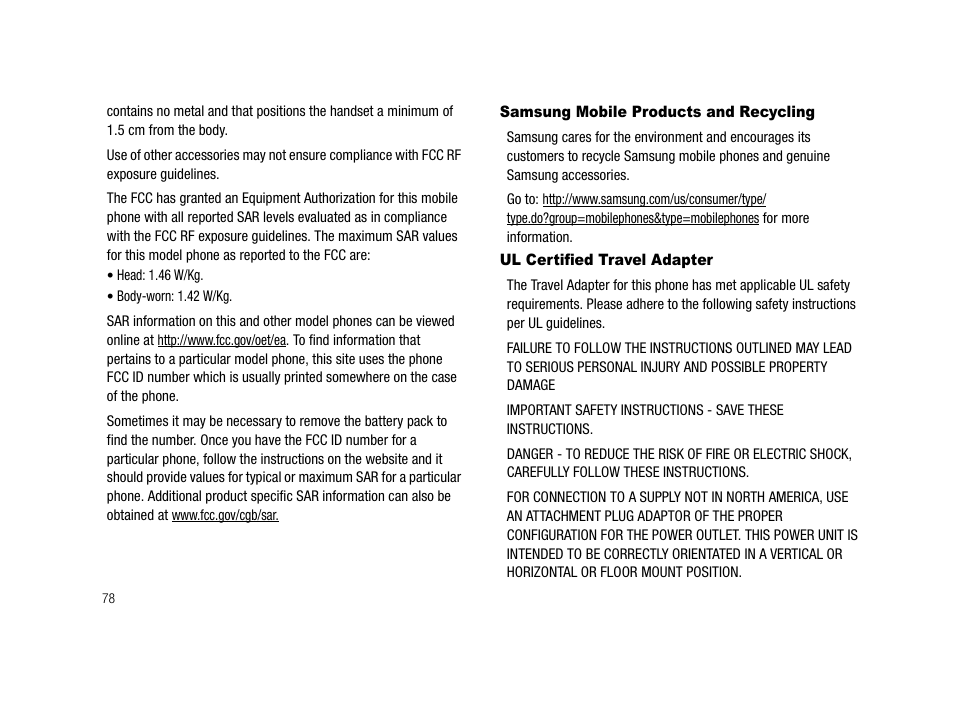 Samsung mobile products and recycling, Ul certified travel adapter | Samsung SCH-R210LSACRI User Manual | Page 78 / 102